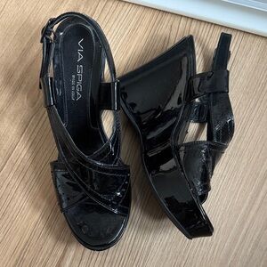 Via Spiga Black Patent Wedge Sandals-6 fits like 5.5